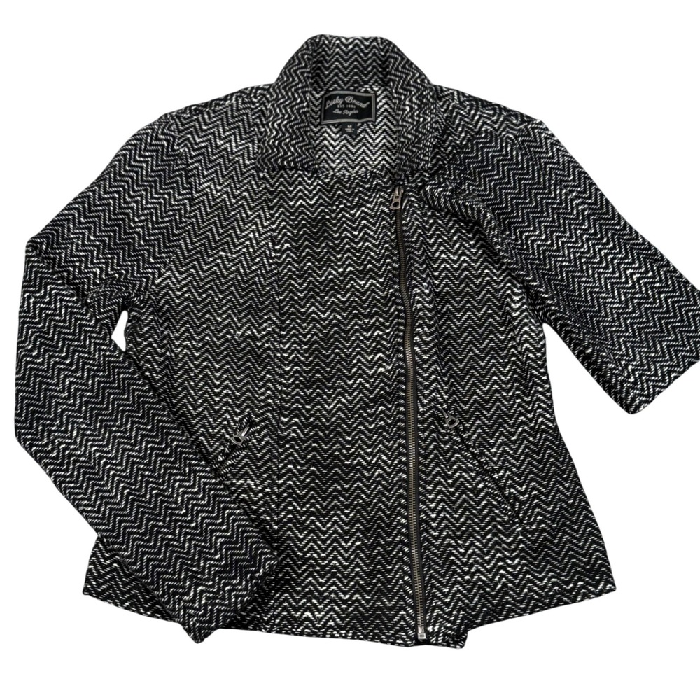 Lucky‎ Brand M Moto Sweater Jacket Monochrome Chevron Full Zip Pockets Outerwear